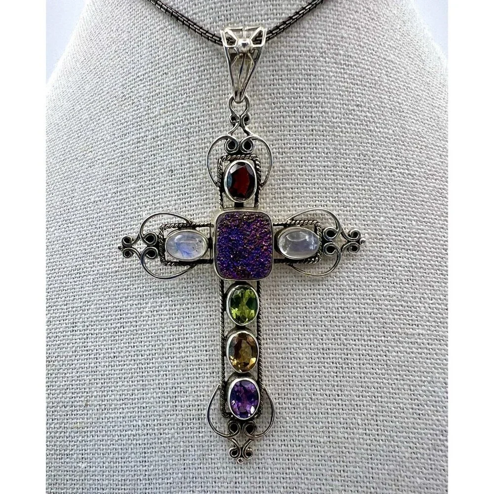 NICKY BUTLER 925 Silver Druzy Gemstone Cross Pendant Necklace - Picture 7 of 15